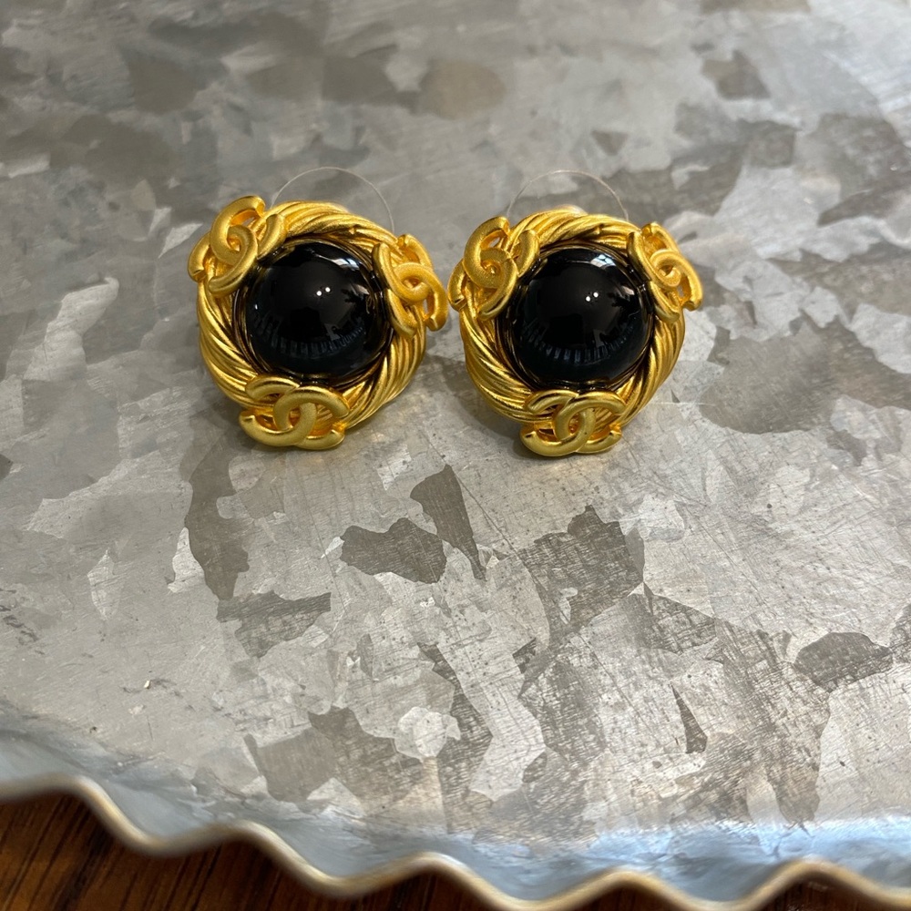 Chanel Gold Black Cabochon Earrings